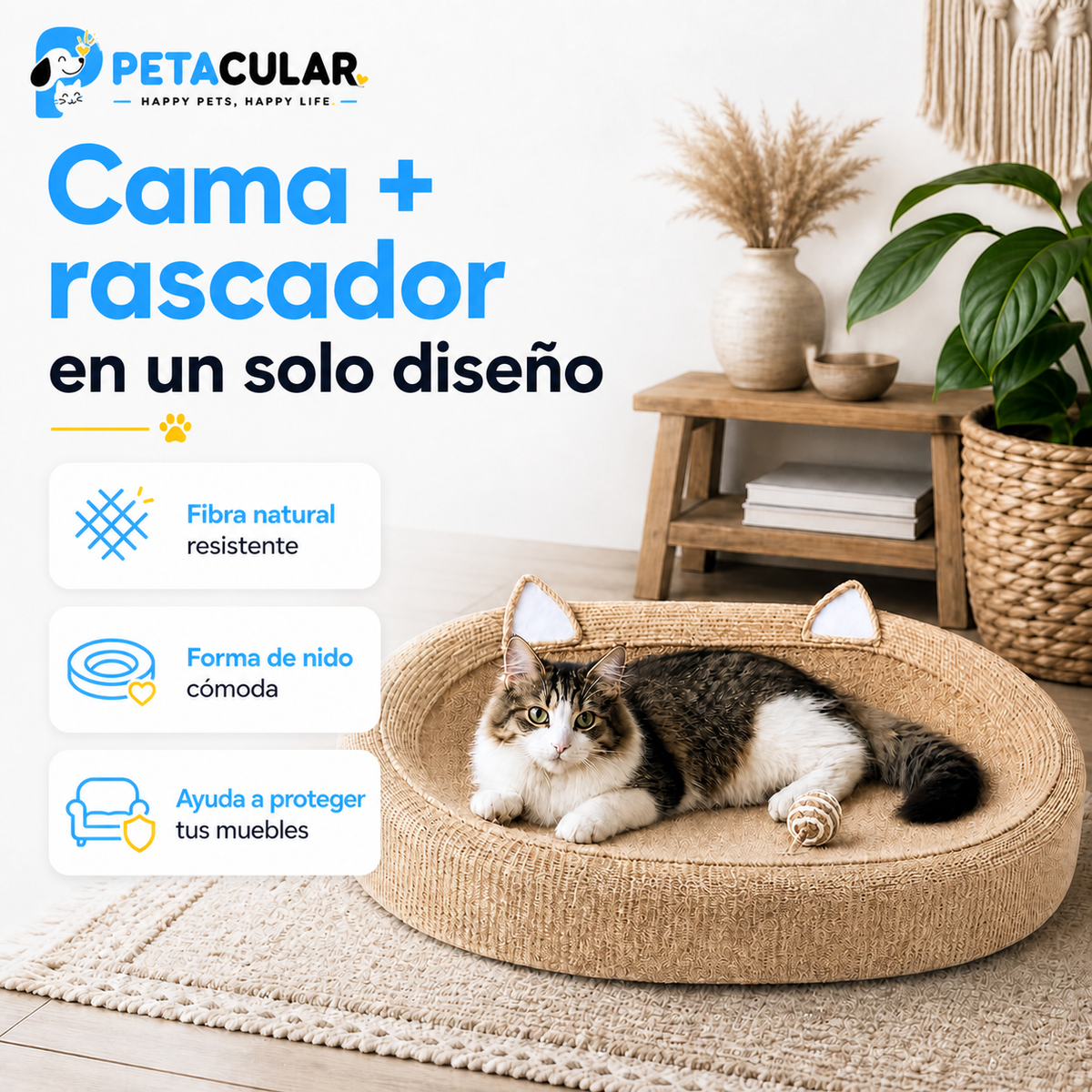 Cama rascador BohoCat - fibra natural, forma de nido y protección para muebles