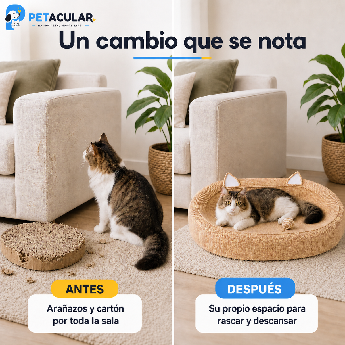 Cama rascador BohoCat - comparación antes y después
