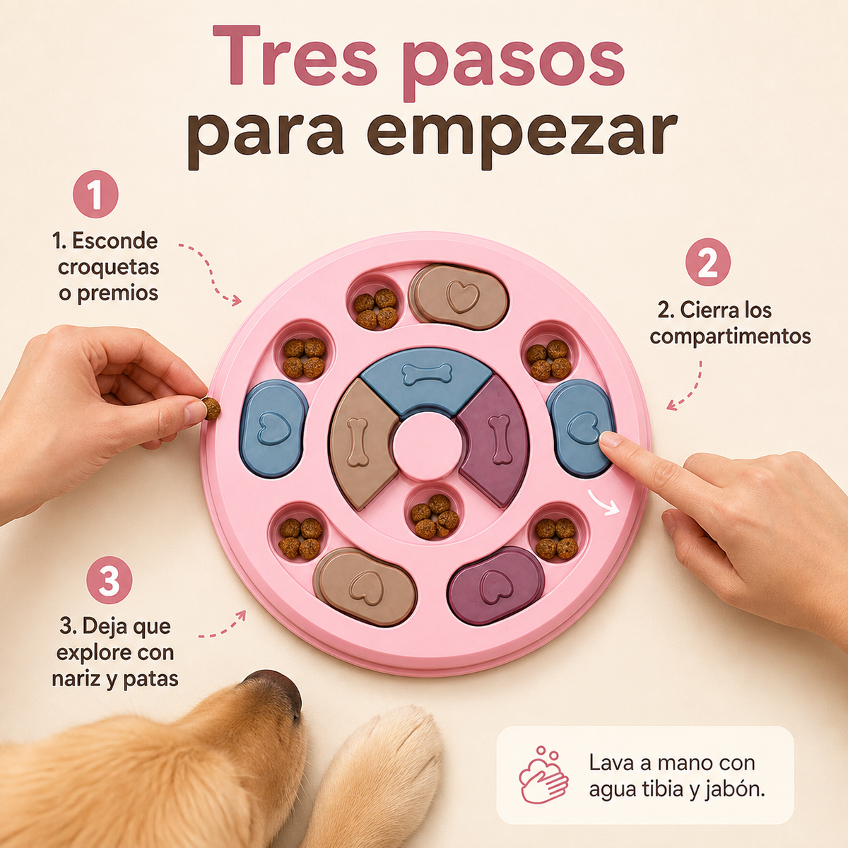 NutriSlow Puzzle rosa - instrucciones para esconder croquetas y premios