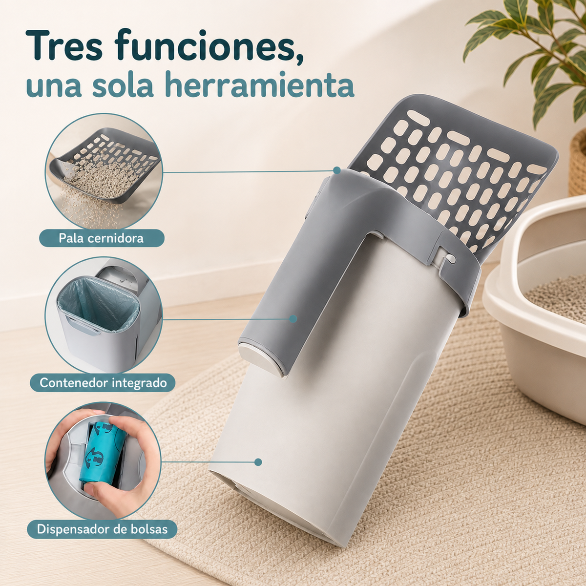 Pala para arenero con cernidor, contenedor y dispensador de bolsas
