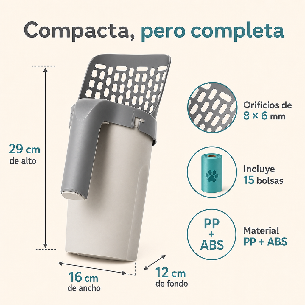 Pala recogedora para arenero - medidas, material y bolsas incluidas