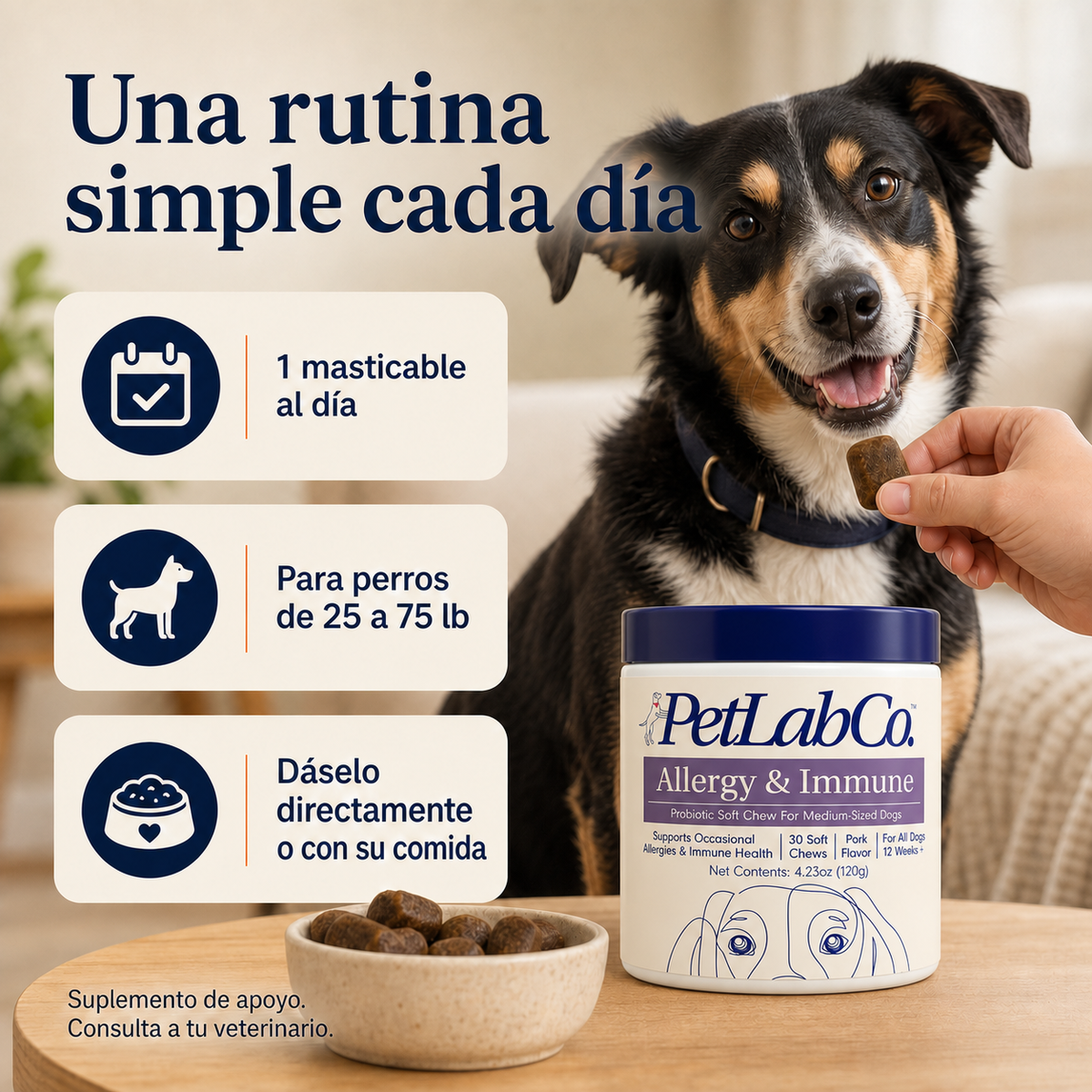 PetLabCo Allergy & Immune - un masticable diario para perros de 25 a 75 libras