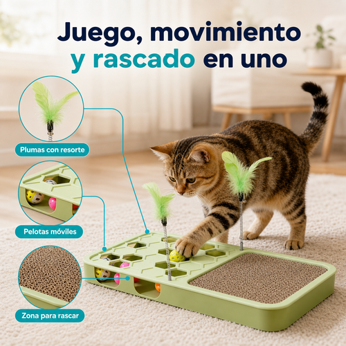 Rascador interactivo con plumas, pelotas móviles y zona de cartón para rascar