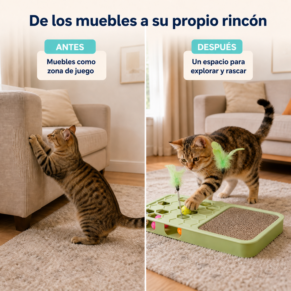 Antes y después de ofrecer al gato un espacio propio para jugar y rascar