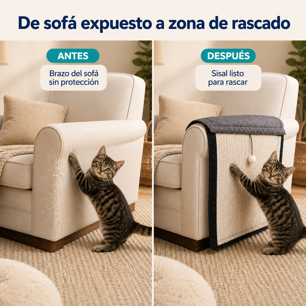 Antes y después de instalar el rascador protector en el sofá