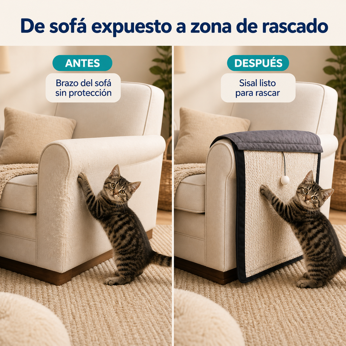 Antes y después de instalar el rascador protector en el sofá
