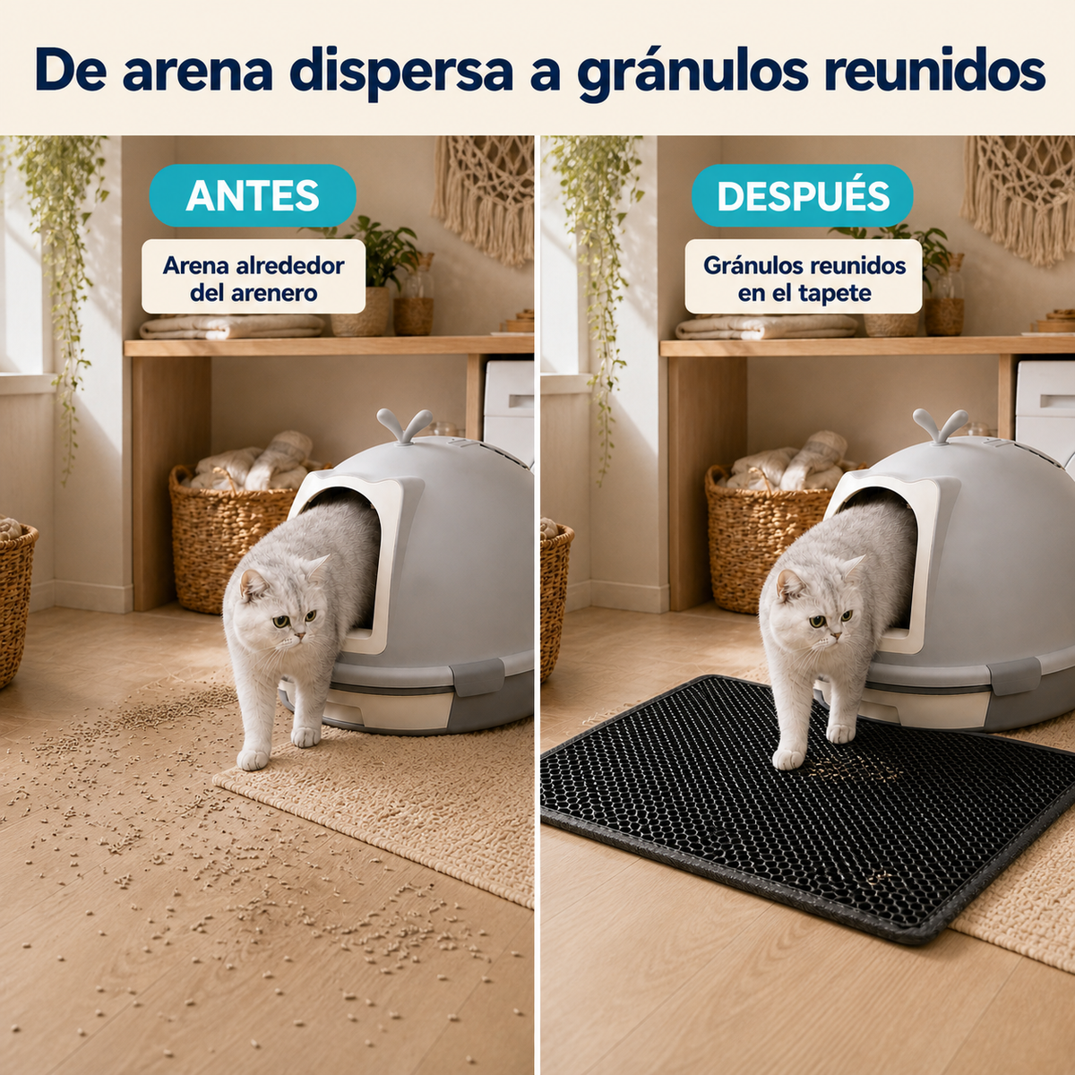 Antes y después de colocar el tapete recolector frente al arenero