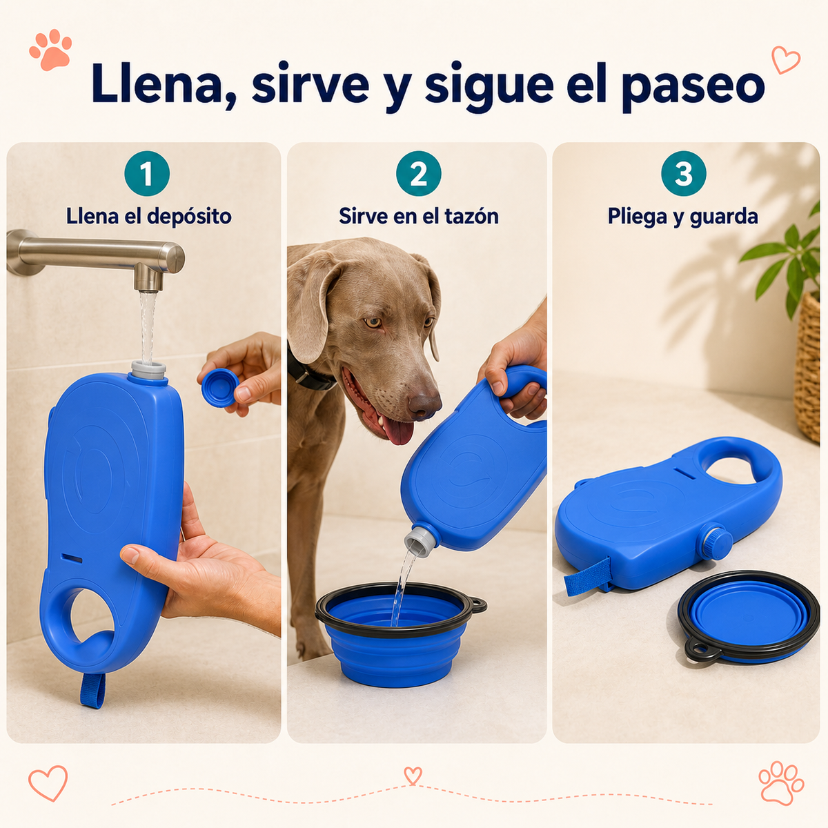 WalkPro: llena el depósito, sirve en el tazón y pliega para guardar